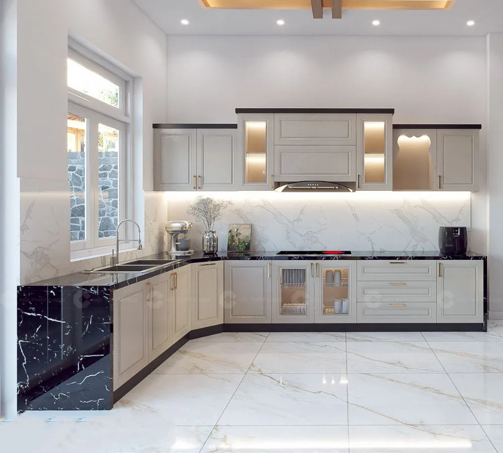 Tủ Bếp Gỗ Sồi Nga Sơn PU Chữ U Cao Cấp